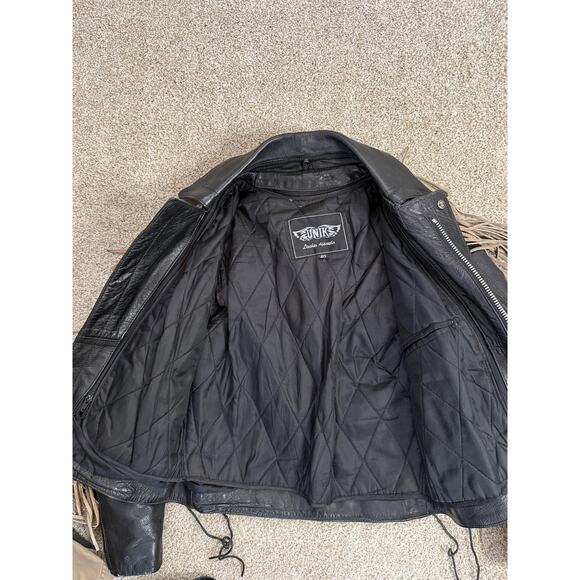 VTG UNIK Jacket Womens Medium Black Tan Leather Fringe Western Motorcycle Chaps - Picture 7 of 16